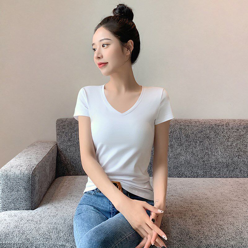 新品黑色v领短袖t恤女2025新款春夏季正肩纯棉R修身内搭打底衫紧