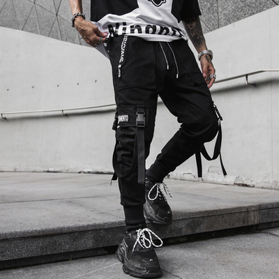 极速New hip hop setwear cargo ribbons pantNs men fitness clo