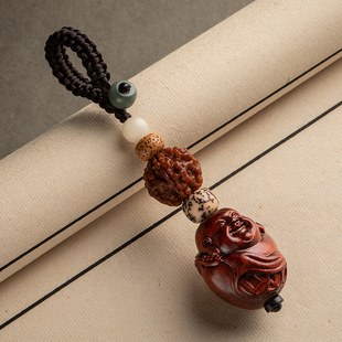 新品天然紫檀佛像钥匙扣弥勒观音精编手机挂件P手工编织绳子吊坠