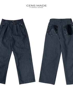 CENSMADE 通勤休闲立体剪裁阔腿A字羊毛混纺拼皮口袋撞钉条纹西裤