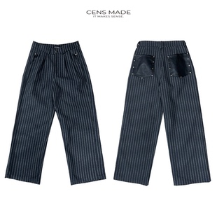 CENSMADE 通勤休闲立体剪裁阔腿A字羊毛混纺拼皮口袋撞钉条纹西裤