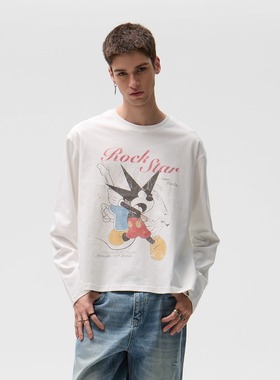 CENSMADE 米奇做旧印花长袖亲肤软糯透气boxy短宽版型T恤打底衫