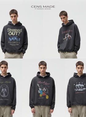 CENSMADE 25系列水洗做旧印花460g重磅套头连帽卫衣Boxy短宽版型