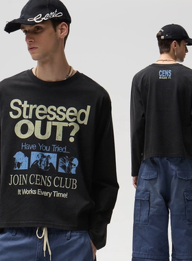 CENSMADE 水洗做旧美式字母印花长袖vintage复古boxy短宽版型T恤