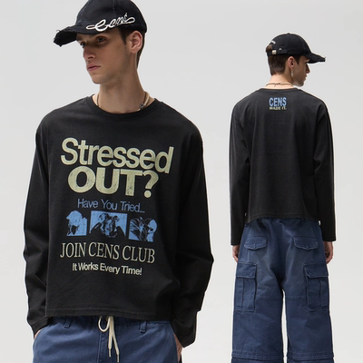 CENSMADE 水洗做旧美式字母印花长袖vintage复古boxy短宽版型T恤