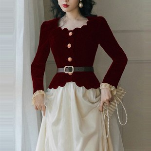 新品港风复古女装j订婚礼服裙秋冬季 新娘回门服婚后套装结婚当天