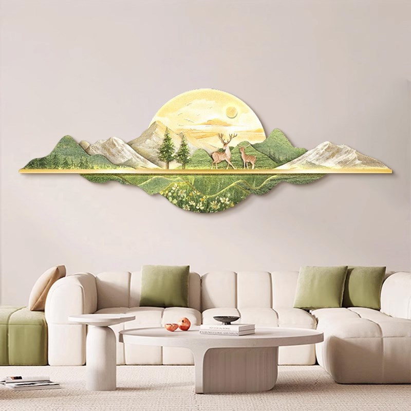 极速绿色山水客厅装饰画带灯麋鹿B沙发油画发光挂画奶油风日照金图片