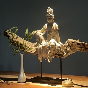 极速新品 实木n天然风化木根艺根雕观音佛像摆件玄关客厅茶 新中式