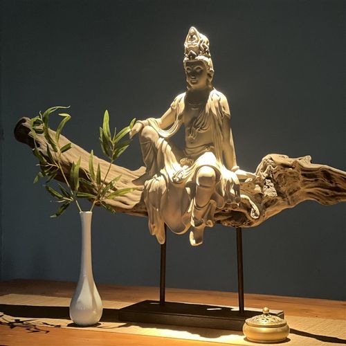 极速新品新中式实木n天然风化木根艺根雕观音佛像摆件玄关客厅茶