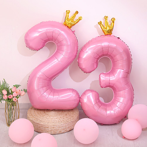 极速40寸粉色皇k冠数字气球室内装饰儿童宝宝周岁生日派对铝膜场