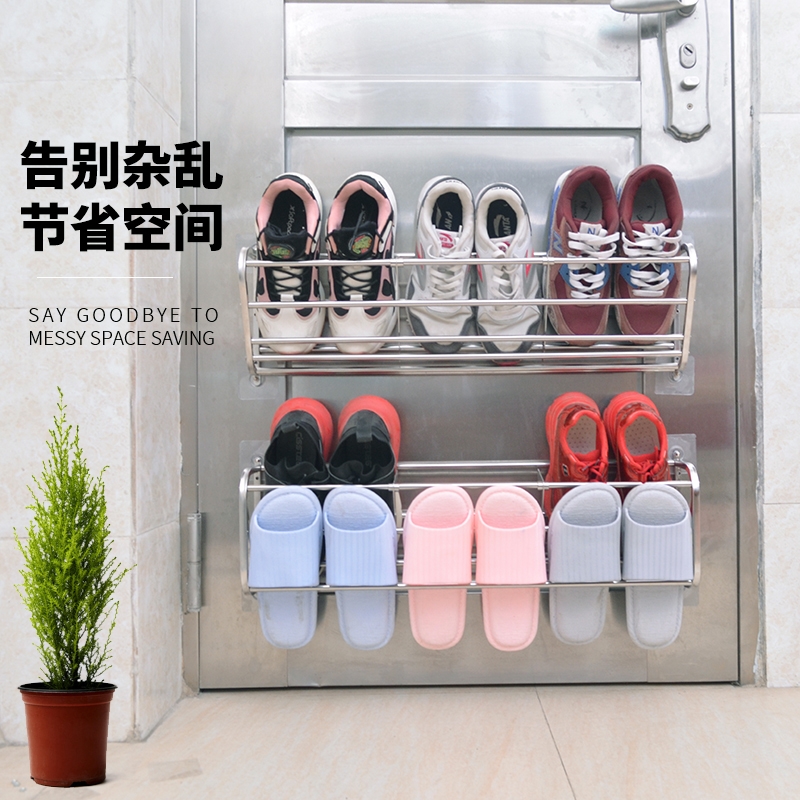 极速不锈钢免钉防盗门黏贴v门後挂式鞋架鞋架壁挂置物架门上鞋架