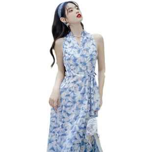 新品复古港风女装小个子80年代怀旧服装港式v领挂T脖连衣裙夏季90