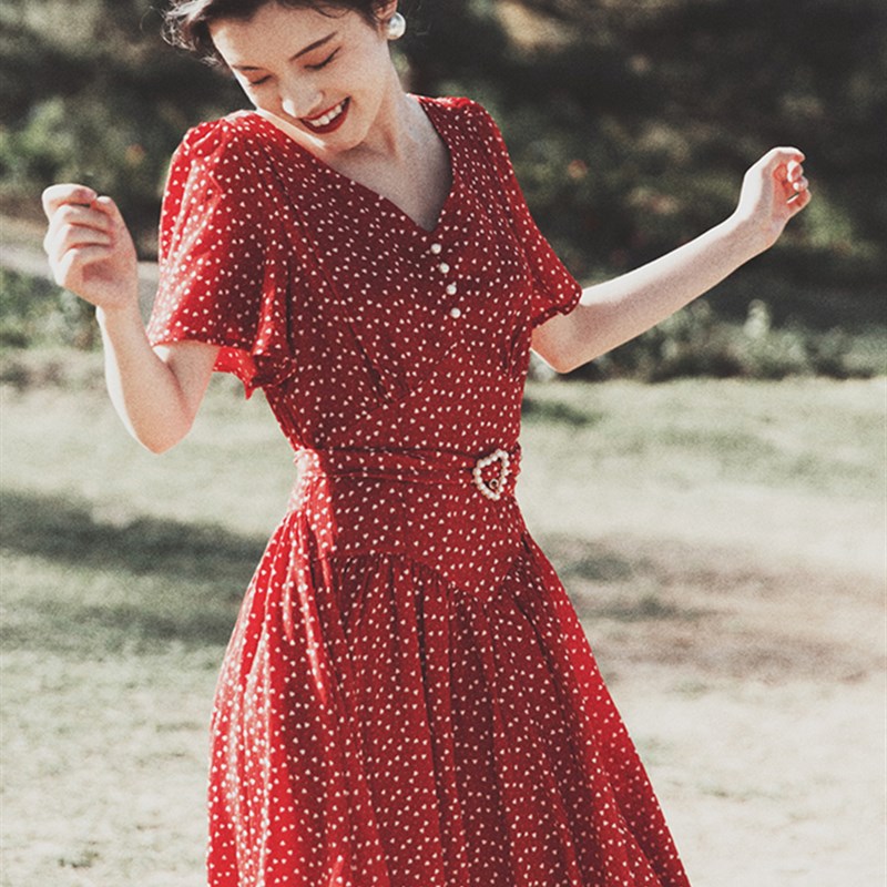 新品红色波点港风连衣裙80年代复古女装夏季I90古着vintage雪纺红图片