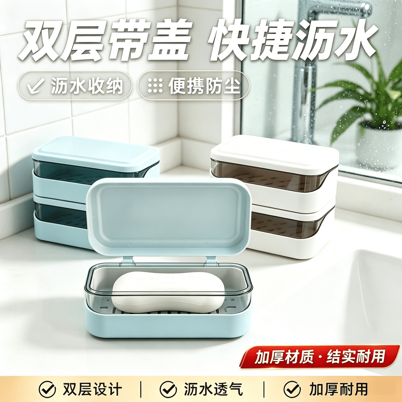 【清仓价】肥皂盒双层带盖沥水学生宿舍家用卫生间免打孔洗衣皂盒