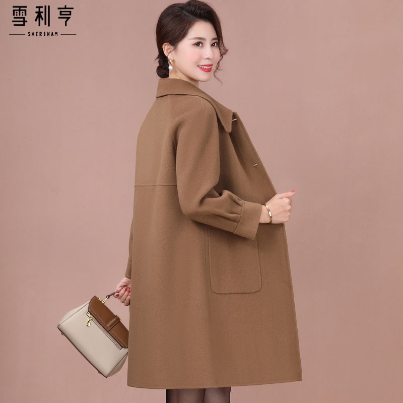 时尚中年妈妈装h双面呢大衣中长款秋冬宽松直筒驼色毛呢外套秋女
