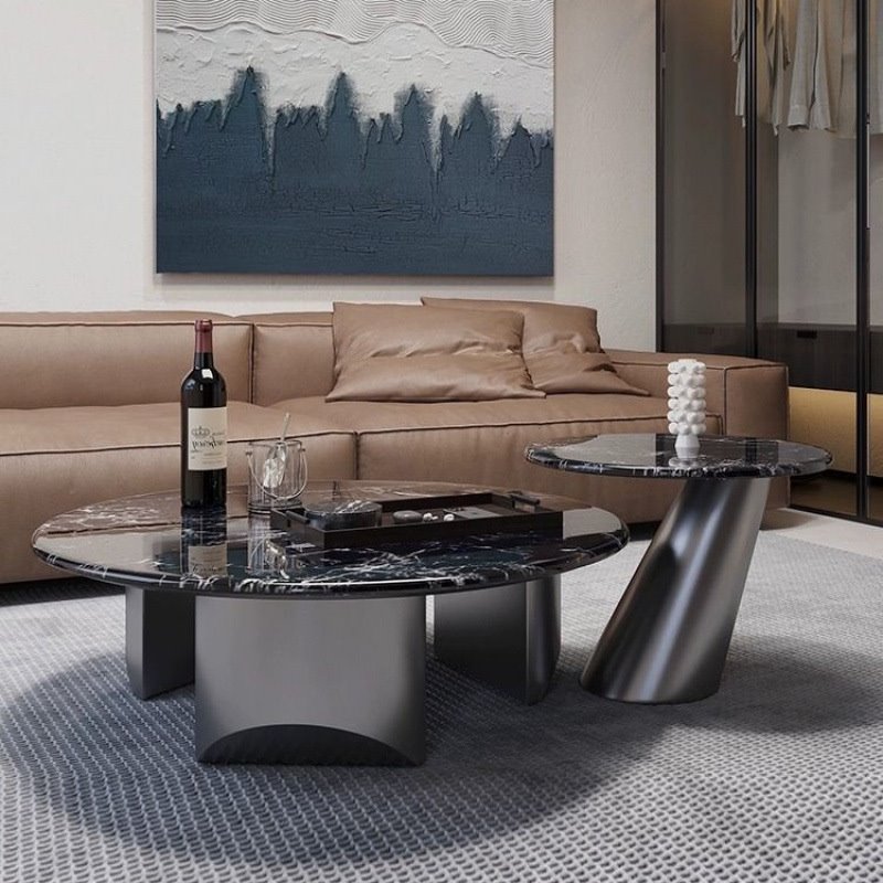 意式极简圆形超晶石大小茶几客厅轻奢现代简约亮光灰色大理石