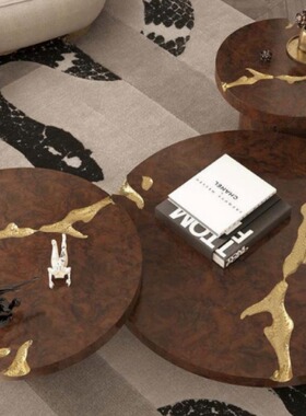 意式圆形岩板茶几轻奢现代简约北欧小户型客厅家用极简树根边几