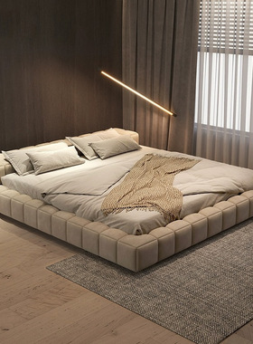 极简落地大床榻榻米矮床意式轻奢现代别墅主卧软包双人婚床家居