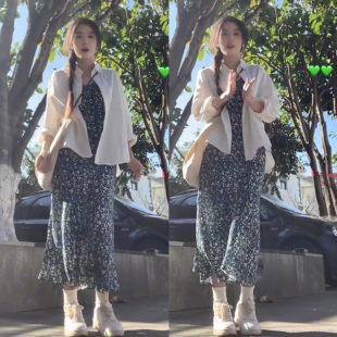 速发吊带碎花连衣裙子早穿搭2024新款茶歇法式海边度假长裙套装