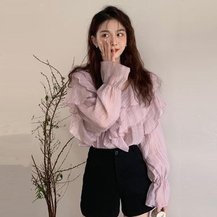 速发式色法大复古甜美紫码衫不规则荷叶边春季别致漂亮上衣