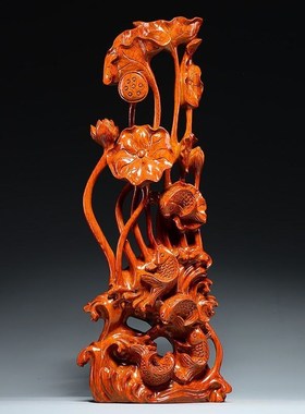 速发送梨木木年年有鱼根雕荷花动物摆件红雕家居装饰工艺品乔迁花