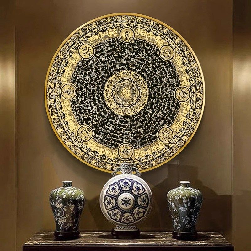 速发六字真言镇宅圆形挂画坛藏玄关壁画饰陀罗时轮西金刚城唐卡装