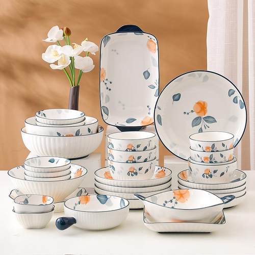 新中式小清新陶瓷餐具花样年华优雅风釉下彩耐高温饭碗菜盘套装