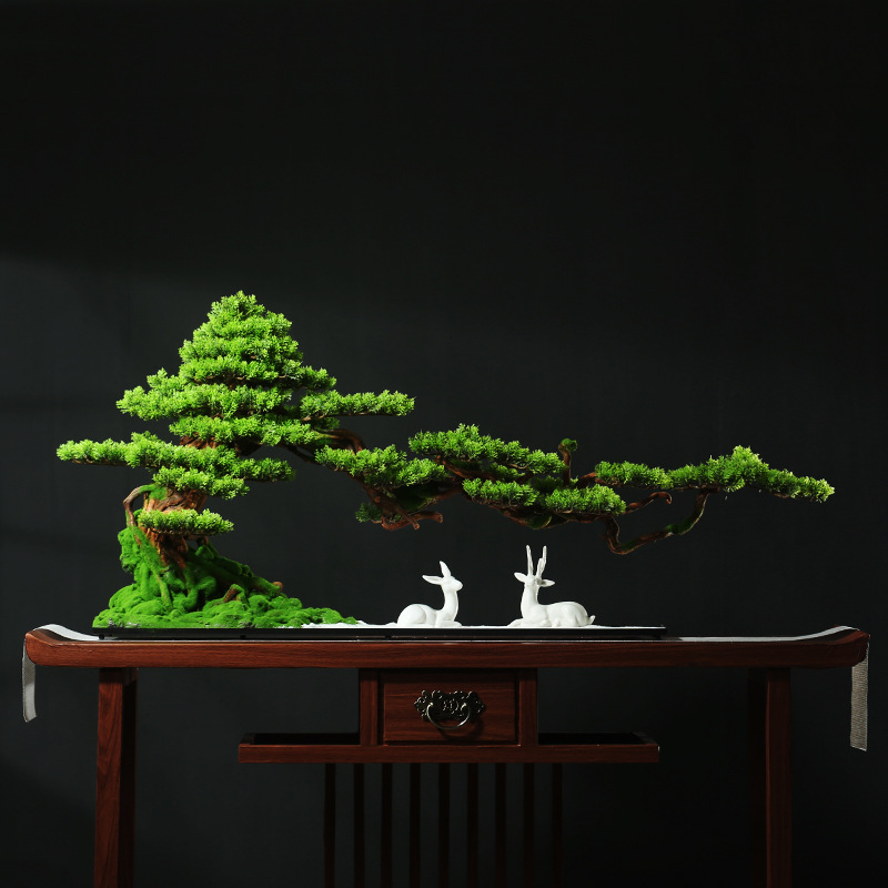 新中式仿真崖柏迎客松盆s景盆栽绿植假树摆设玄关客厅酒店前台摆