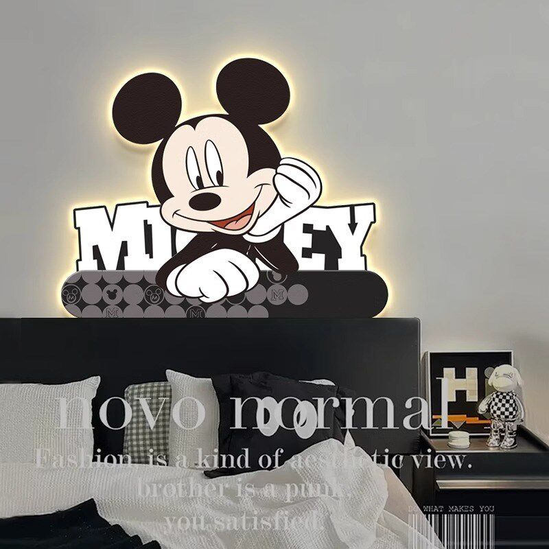 带灯米奇儿童房挂画氛围灯床头画卧室装饰画房间女孩男孩LED壁灯