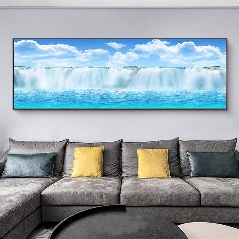 流水生财瀑布床头画客厅装饰画轻奢沙发背景墙挂画高级感山水壁画
