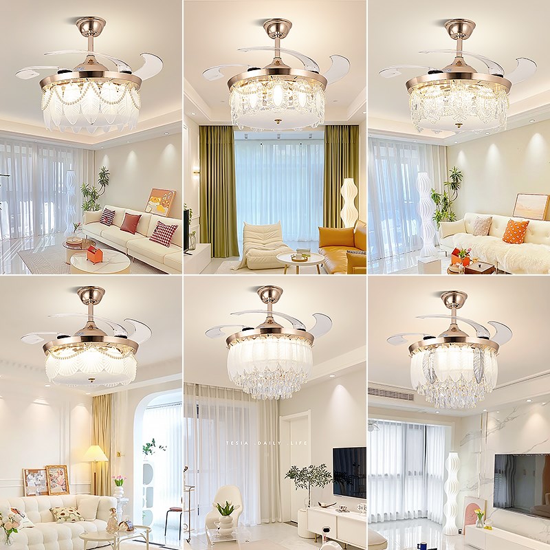 后现代轻奢c水晶隐形风扇灯法式奶油风创意餐厅灯高档大气个性灯