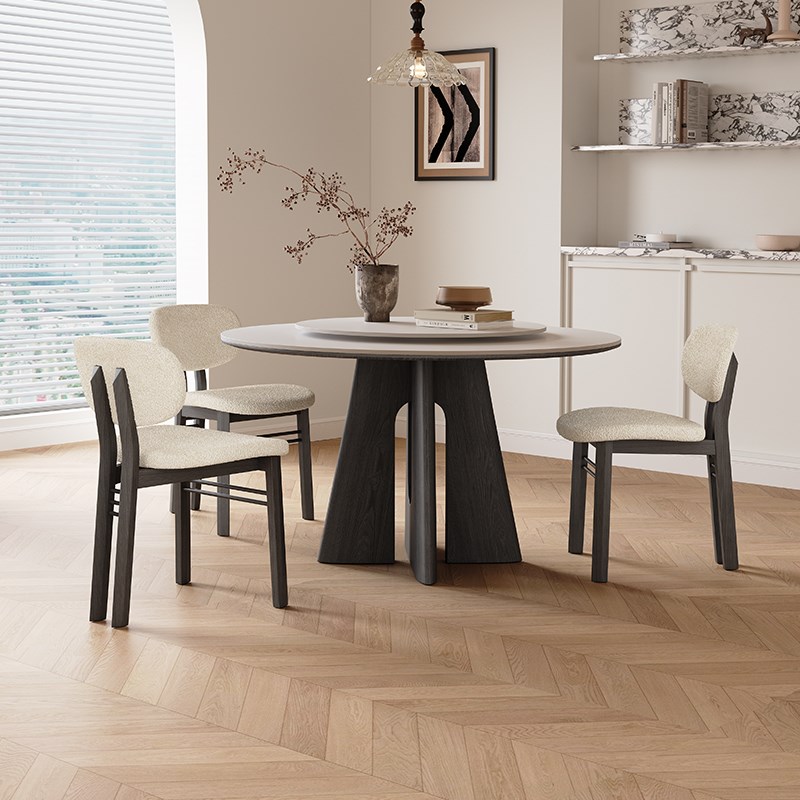 复古纯白岩板餐桌圆形设q计师新款饭桌1.2米白蜡木黑色实木圆桌椅