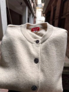 克什米尔Pashmina羊绒女士自然色圆领开衫外穿百搭柔软保暖