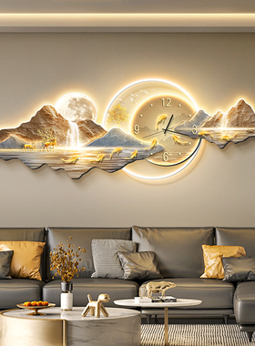 速发山水画奢厅装饰画带钟表轻沙客发背景墙挂画寓意好高档壁灯画