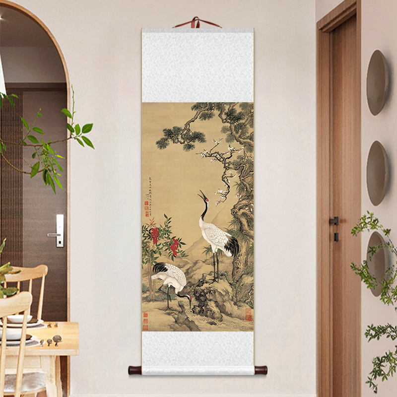 速发松梅壁鹤卷轴挂画花鸟仙鹤名家国画新中式客厅书房茶室玄关双