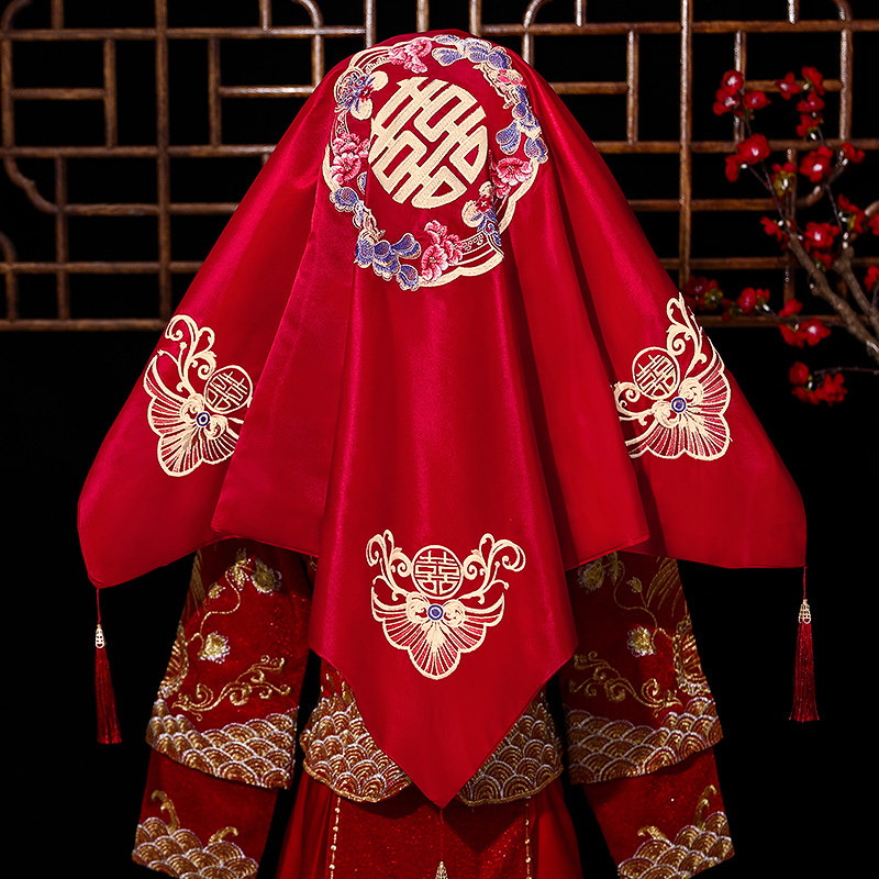 速发新娘头出结婚用的红盖头婚盖高档红色秀禾服头纱出方礼嫁红纱