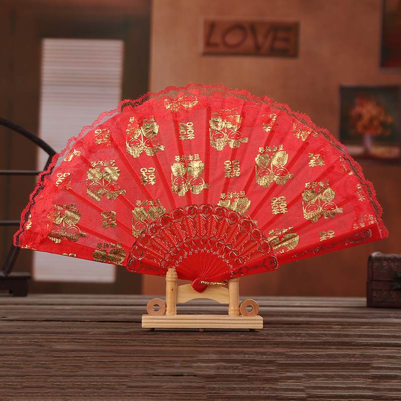 速发压箱钱置钱扇子用结婚翻箱方婚庆品喜字扇型立体植绒布贴扇喜