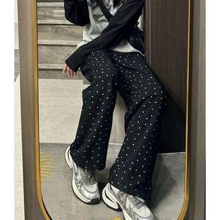 速发黑色碎花裤子大码波点休闲牛松裤梨型身材阔个子宽仔小腿裤