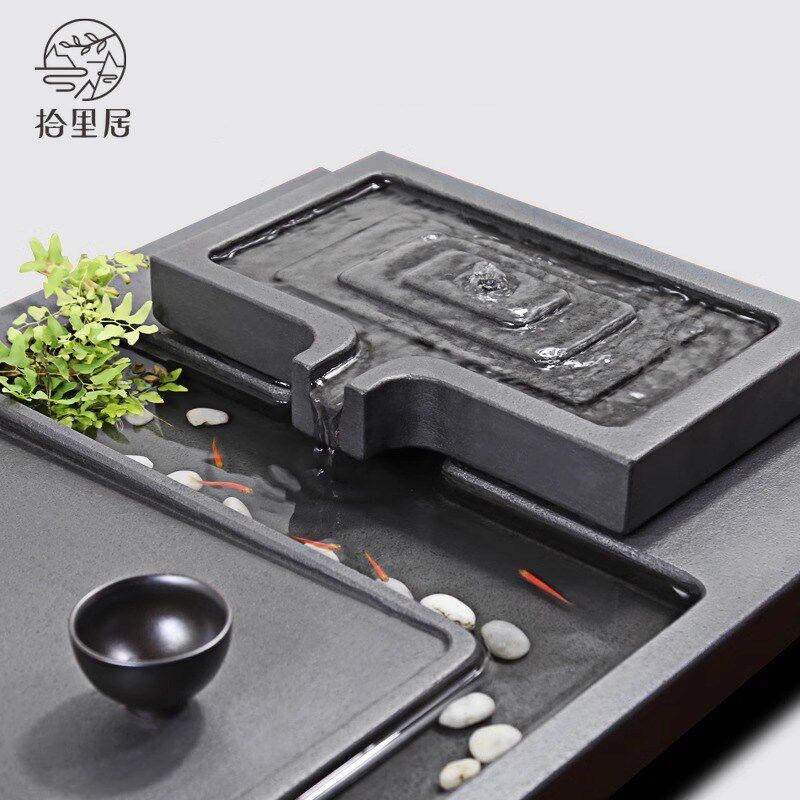 速发乌石金茶盘流水养鱼禅意石头茶台套家全自动烧水一体装用茶海
