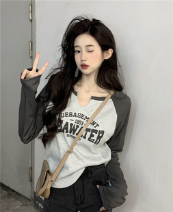 速发2码美式复古正肩上袖T恤秋装20大4年新款长衣洋气遮肉