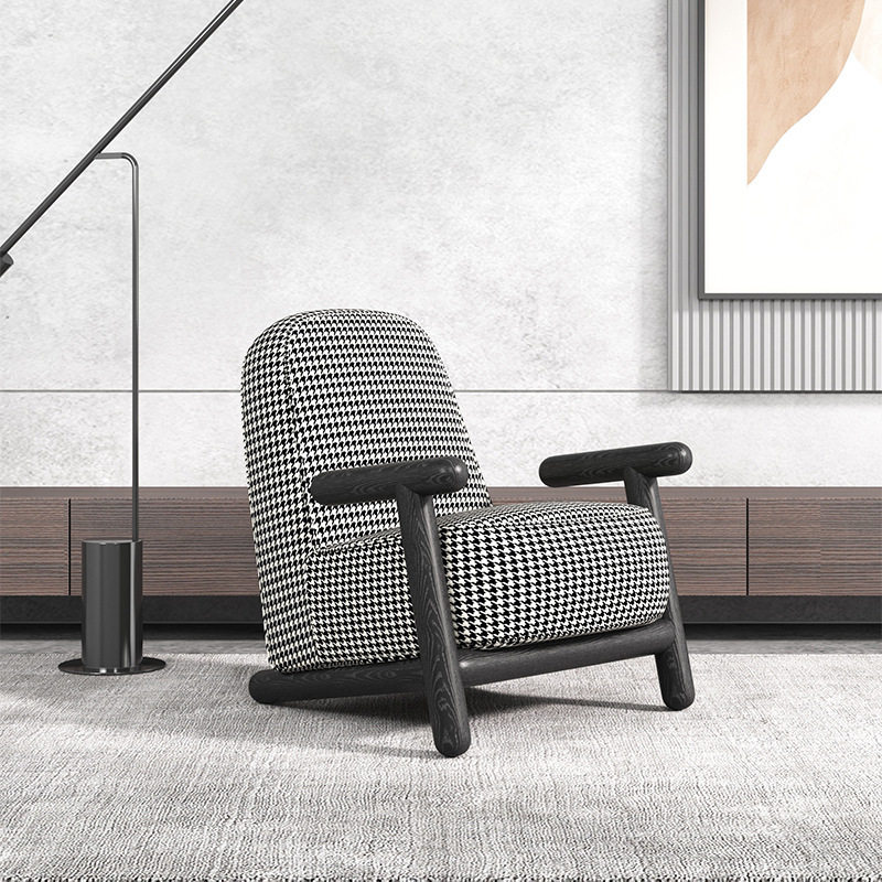沙发椅单人小户型千鸟格极简现代休闲椅子舒适坐垫乳胶实木北欧
