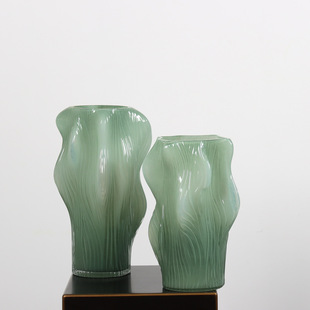异形波纹绿色琉璃花瓶家居软装台面客厅餐厅装饰手工制作玻璃瓶