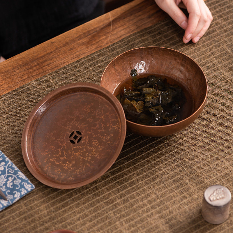 纯铜建水加厚茶渣缸茶洗手工锤目纹大小号水盂笔洗茶具紫铜茶渣桶