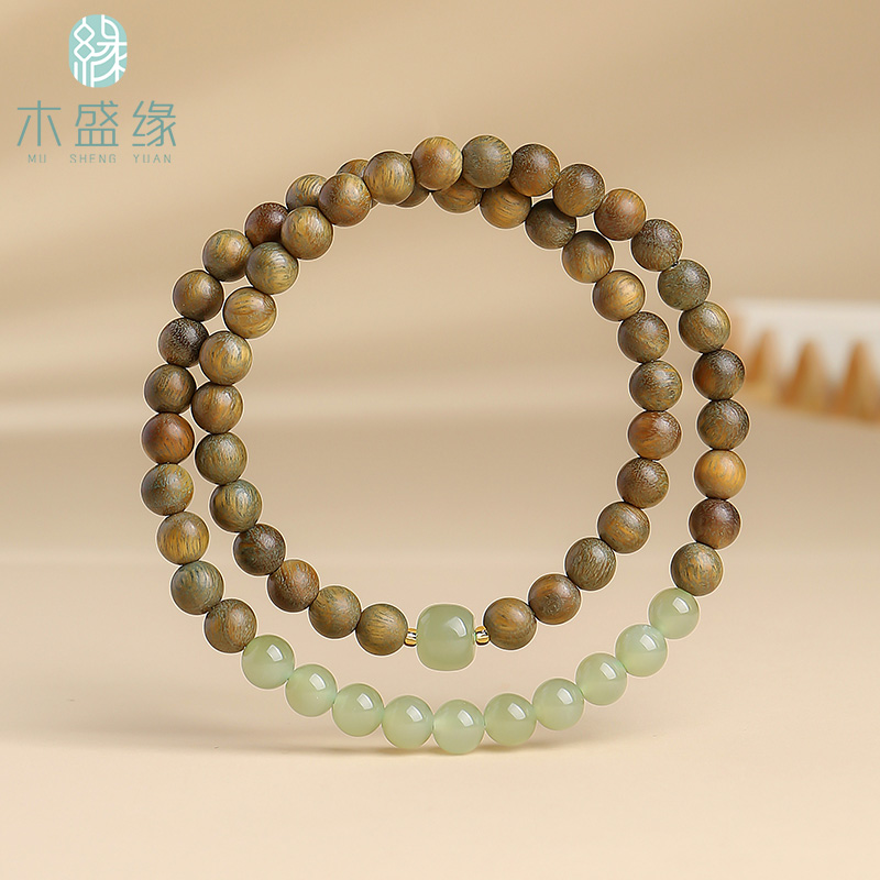 绿檀木手串女款和田玉佛珠双圈