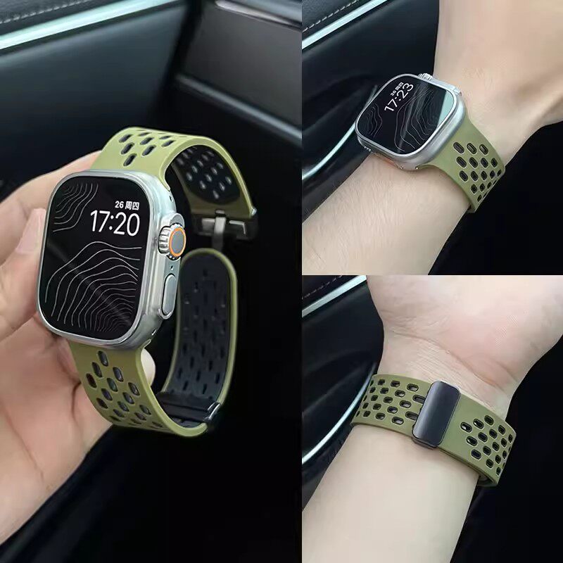 适用苹果手表s11手表带新款iWatchs10透气双色硅胶折叠磁吸扣applewatchS98se华为Fit4/Fit3创意小米9Pro夏天