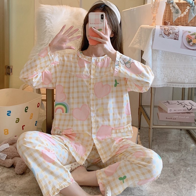 现货速发睡衣士春夏全棉新款韩版梭织棉布薄款长袖大码可外穿家居