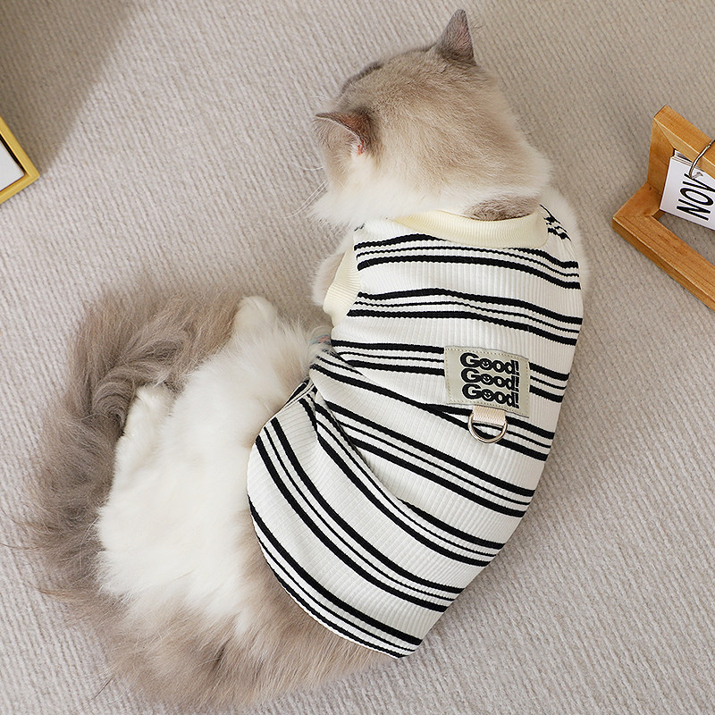 速发猫咪衣服保暖偶牵引环条纹简约背心布带猫防掉毛居家服猫