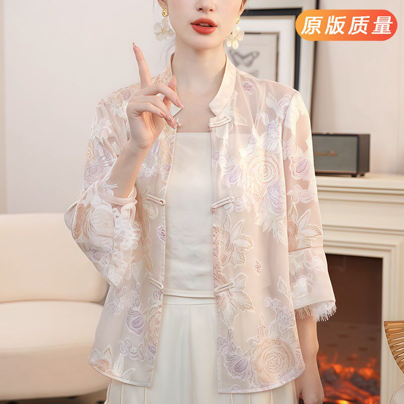 速发国中防晒蕾衫薄款开丝盘扣唐装外搭新风式罩衫薄纱上衣夏季