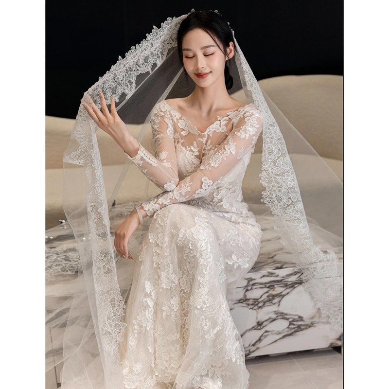 现货速发蕾丝鱼尾轻婚纱2025新款法式长袖新娘高级感迎宾订婚出门