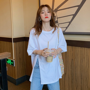 速发超松百色开叉设计感2021款洋气白搭纯棉t恤宽火上衣